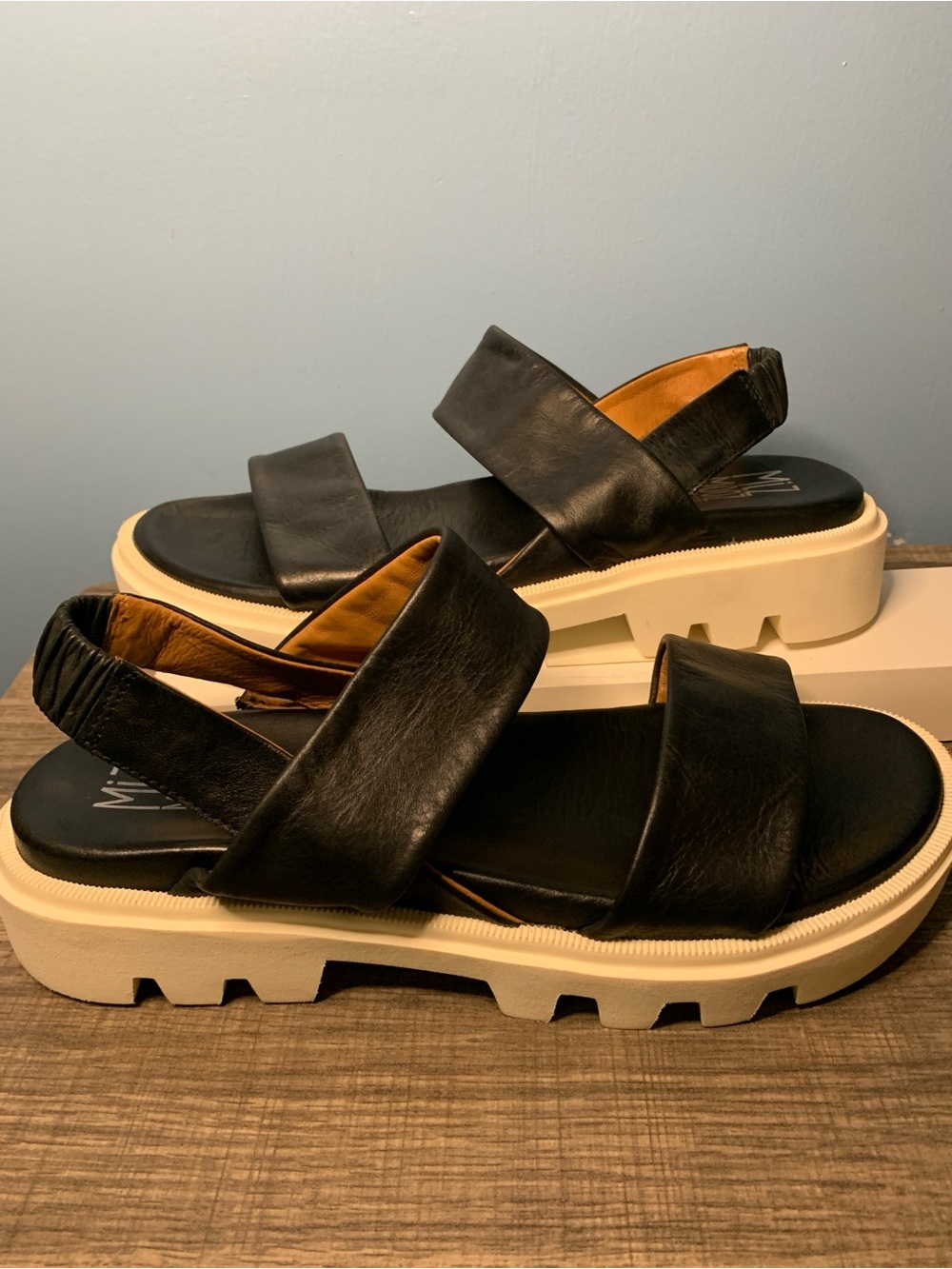 Miz Mooz Black Leather Platform Sandals with Cream Soles